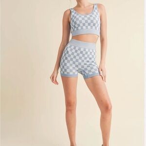 Checkerboard Knit Crop Tank and Matching Shorts in Light Gray & White